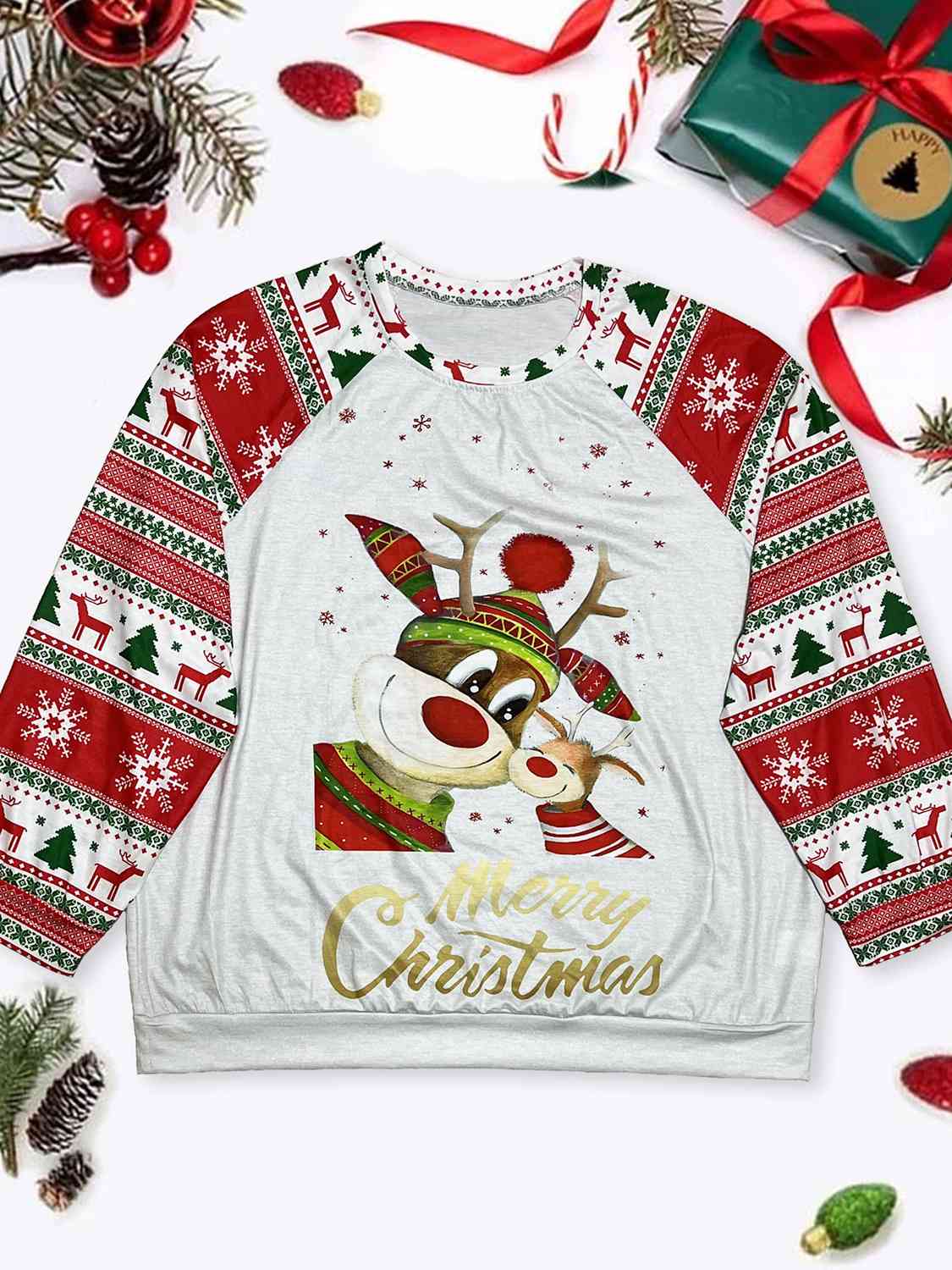 Plus Size Reindeer Graphic Round Neck Long Sleeve T-Shirt